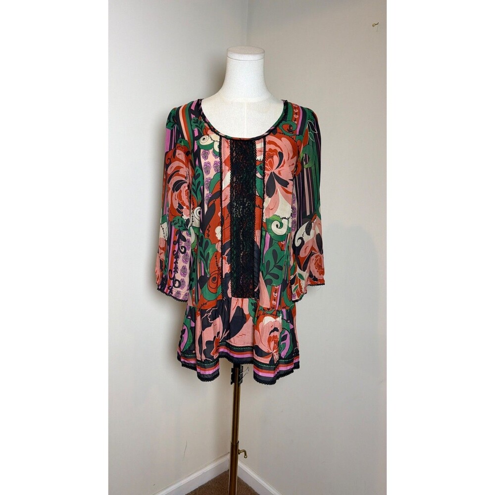 Anthropologie Odille Black Floral Silk Tunic Top Size 4 Boho Artistic Colorful